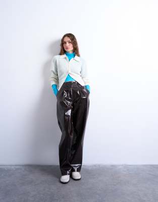 Topshop High Neck Viscose Long Sleeve Top In Blue