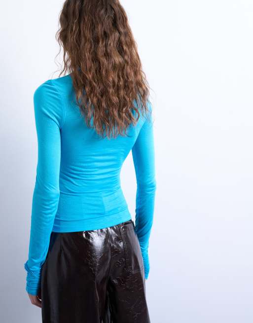 Topshop high neck viscose long sleeve top in blue