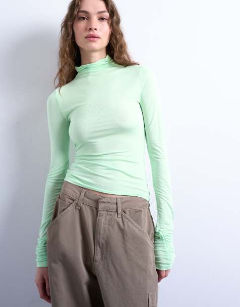 Topshop high neck viscose long sleeve top in mint geen - view 1