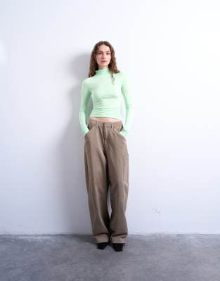 Topshop High Neck Viscose Long Sleeve Top In Green