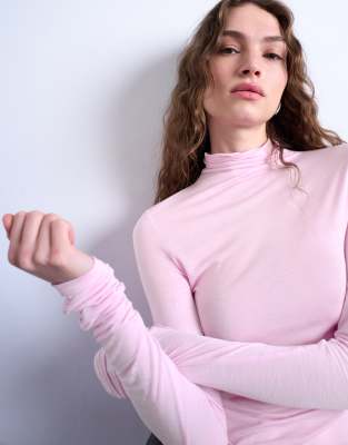 Topshop High Neck Viscose Long Sleeve Top In Pink