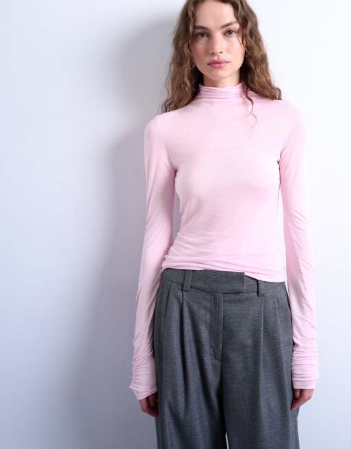 Topshop high neck viscose long sleeve top in pink