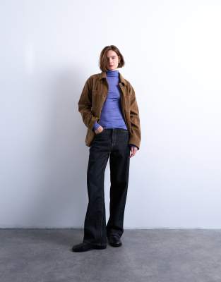 Topshop High Neck Viscose Long Sleeve Top In Purple