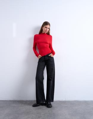 Topshop High Neck Viscose Long Sleeve Top In Red