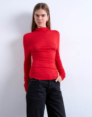 Topshop High Neck Viscose Long Sleeve Top In Red