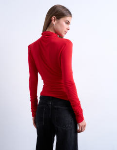 Model wearing High neck viscose long sleeve top in red