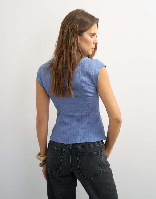 Topshop high neck zip detail top in cornflower blue stripe, 4 of 4