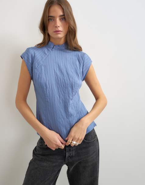 Topshop high neck zip detail top in cornflower blue striped print - view 1