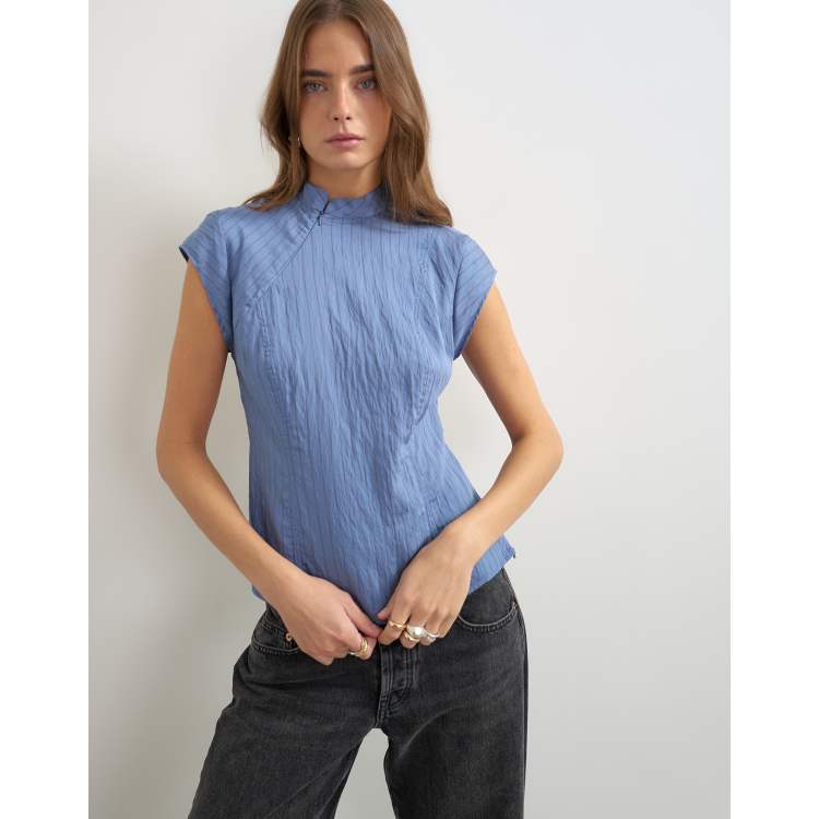 Topshop high neck zip detail top in cornflower blue striped print