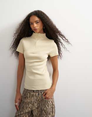 Topshop high neck zip through short sleeve rib top in cream | ASOS