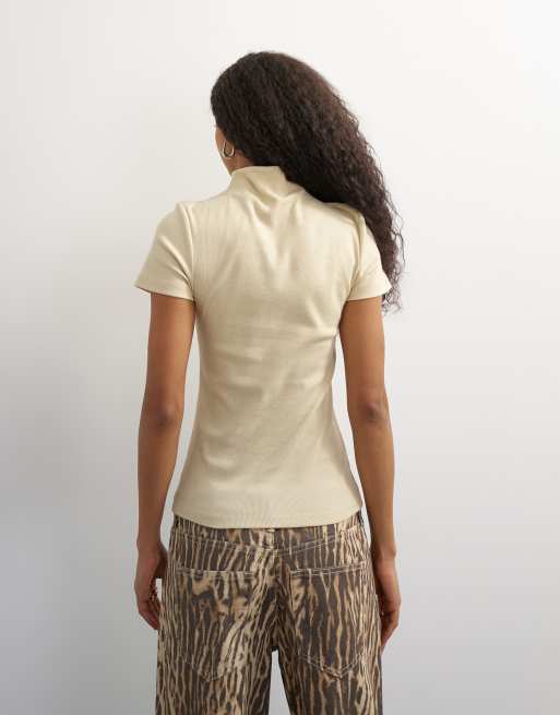 Topshop high neck zip through short sleeve rib top in cream, 2 of 4
