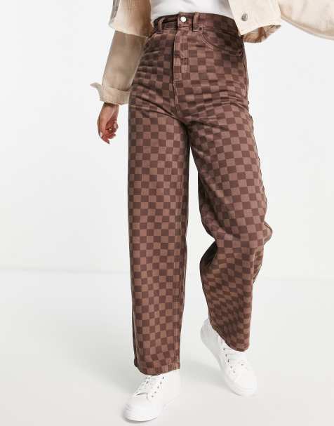 Topshop high rise Baggy jeans in brown checkerboard