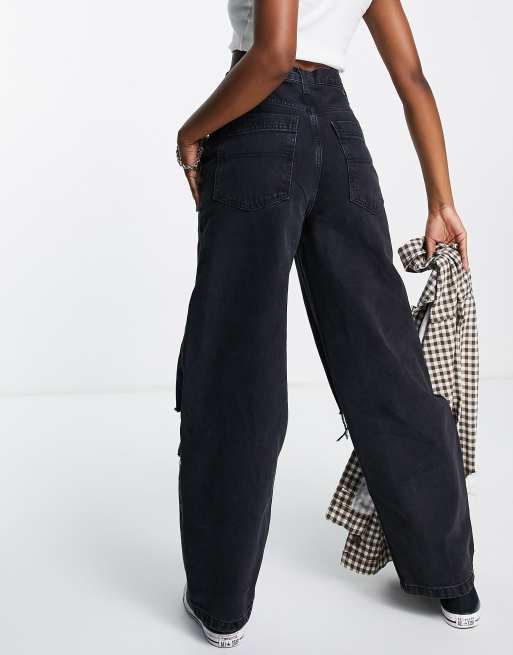 Topshop high rise Baggy jeans with knee rips in washed black ASOS