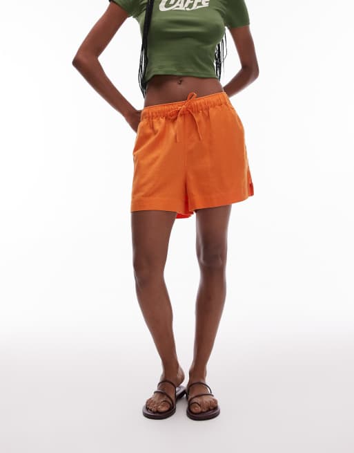 Topshop high rise drawcord linen blend shorts in orange, 2 of 5