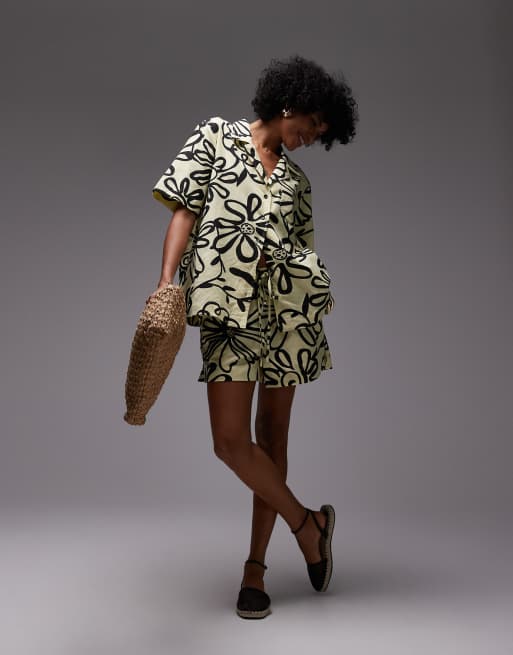 Topshop high rise drawcord linen shorts in bright yellow print (part of a set)