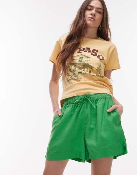 Topshop high rise drawcord linen shorts in green - view 1