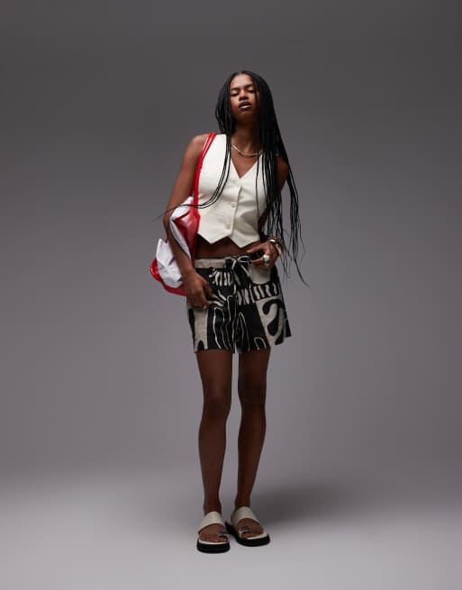 Topshop high rise drawcord linen shorts in mono abstract print, 5 of 5