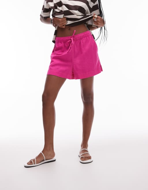 Topshop high rise drawcord linen shorts in pink, 2 of 5