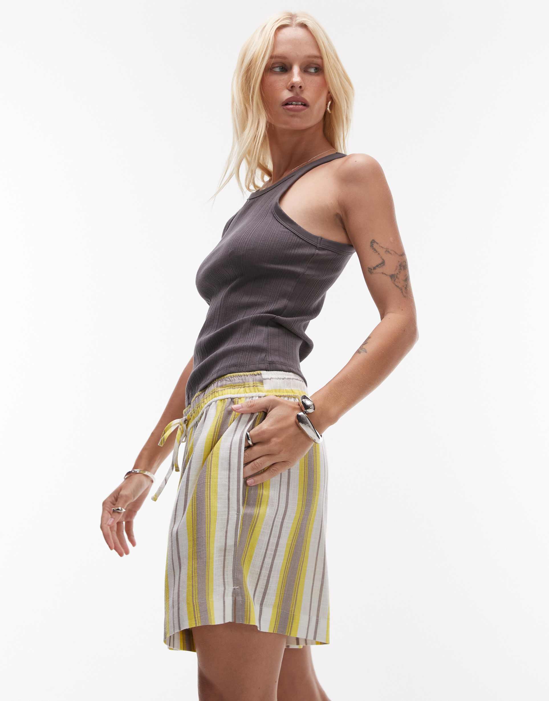 topshop high rise drawstring linen blend shorts in yellow stripe