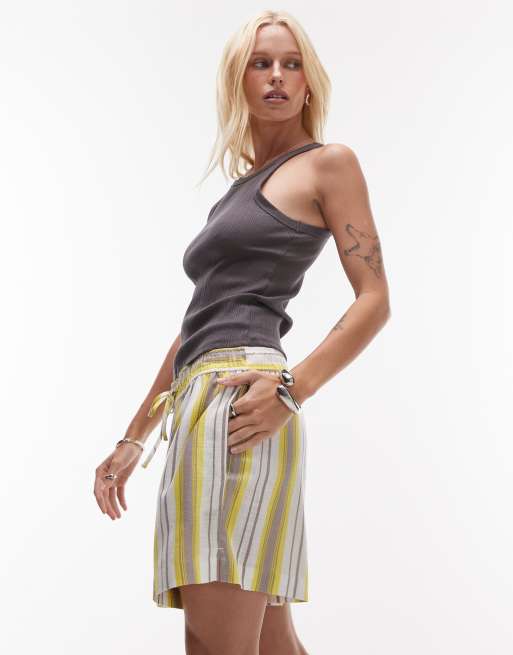Topshop high rise drawstring linen blend shorts in yellow stripe