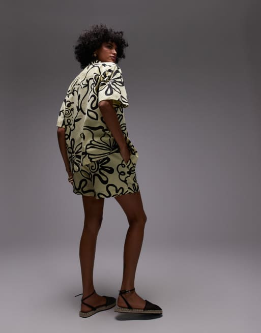 Topshop high rise drawstring linen look shorts in bright yellow print - part of a set, 3 of 5