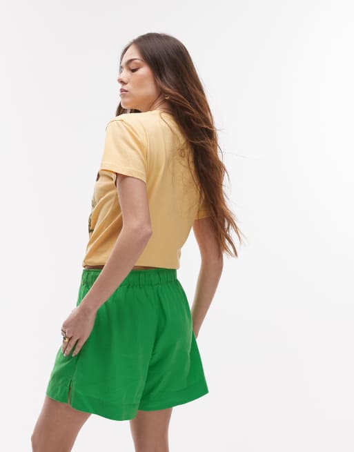 Topshop high rise drawstring linen mix shorts in green, 2 of 5