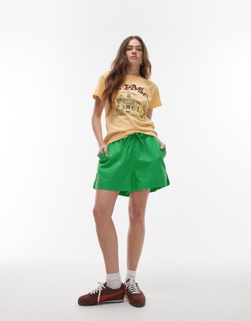 Topshop high rise drawstring linen mix shorts in green, 3 of 5
