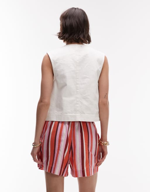 Topshop high rise drawstring linen mix shorts in pink stripe, 2 of 5