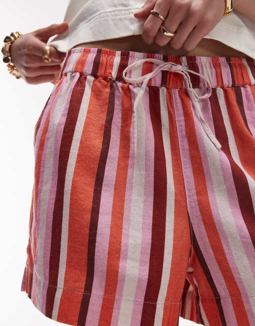 Topshop high rise drawstring linen mix shorts in pink stripe, 3 of 5