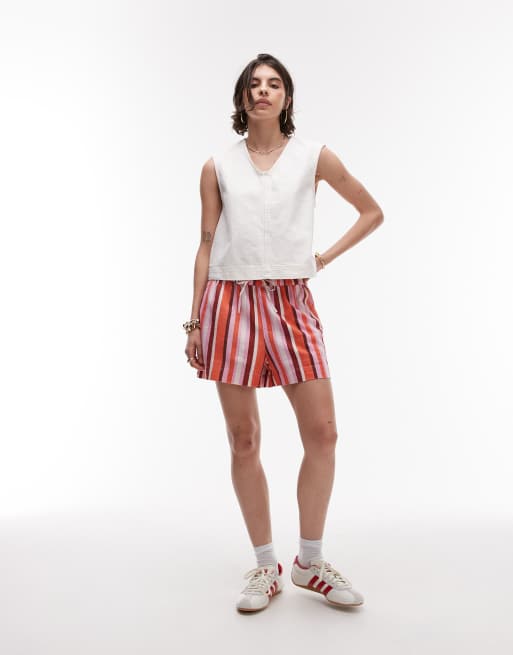 Topshop high rise drawstring linen mix shorts in pink stripe, 4 of 5