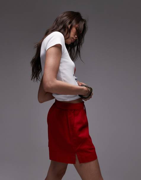 Topshop high rise drawstring linen mix shorts in red - view 1