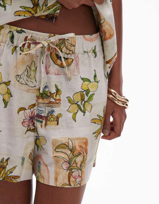 Topshop high rise drawstring linen shorts in multi print - part of a set, 3 of 5