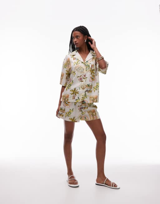 Topshop high rise drawstring linen shorts in multi print - part of a set, 4 of 5