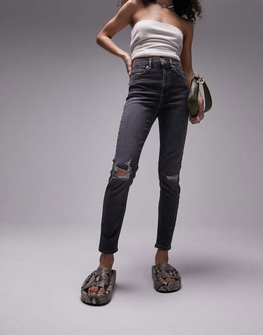 Topshop high rise Jamie jeans with knee rips in dirty grey