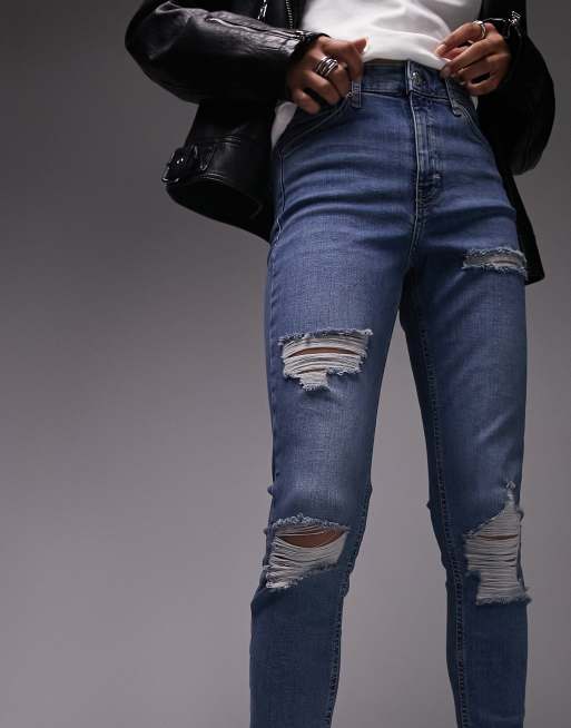 Topshop high rise Jamie jeans with rips in mid blue