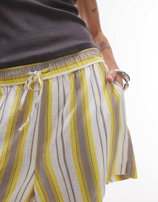 Topshop high rise linen blend beach shorts in yellow stripes, 3 of 5