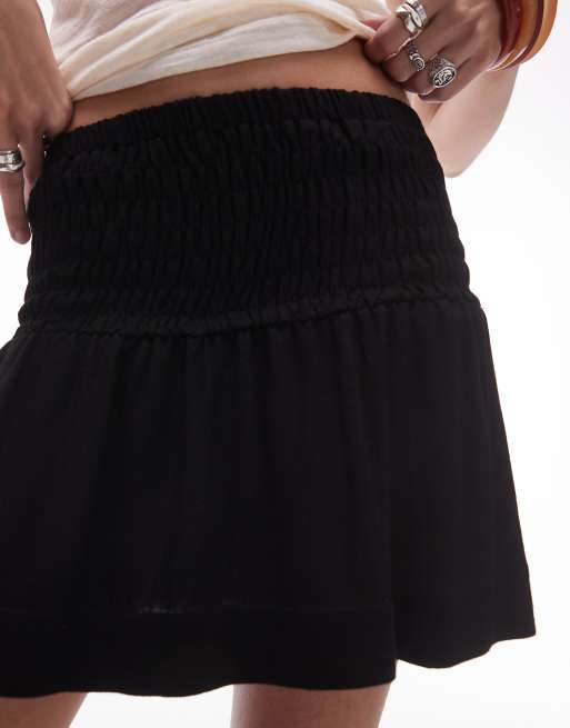 Topshop high rise linen mini skirt with ruched sides in black, 2 of 5