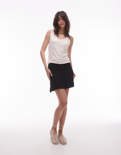 Topshop high rise linen mini skirt with ruched sides in black, 3 of 5