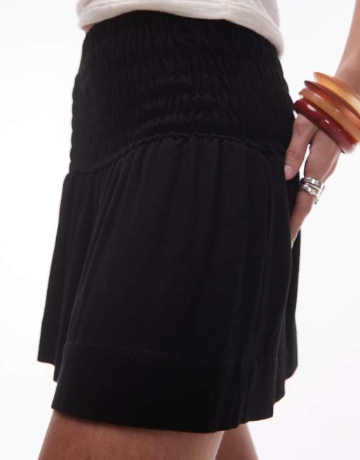 Topshop high rise linen mini skirt with ruched sides in black, 4 of 5