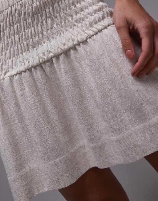 Topshop high rise linen mini skirt with ruched sides in natural, 4 of 5