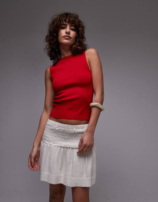 Topshop high rise linen mini skirt with ruched sides in natural, 5 of 5