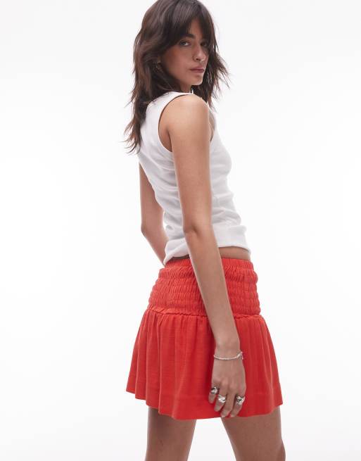 Topshop high rise linen mini skirt with ruched sides in red, 5 of 5