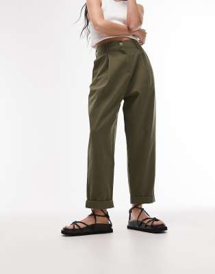 Topshop High Rise Pleated Peg Pants In Khaki-green In Green