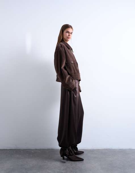 Topshop high rise satin cuffed balloon pants in brown - view 1