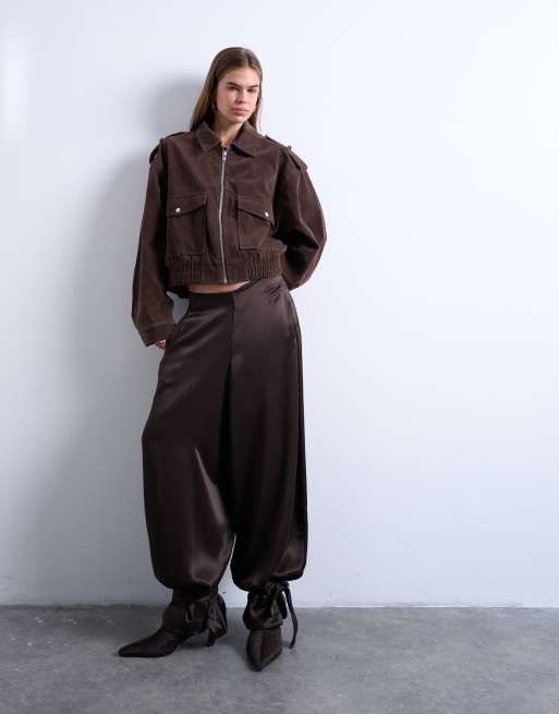 Topshop high waisted satin cuffed balloon pant in brown