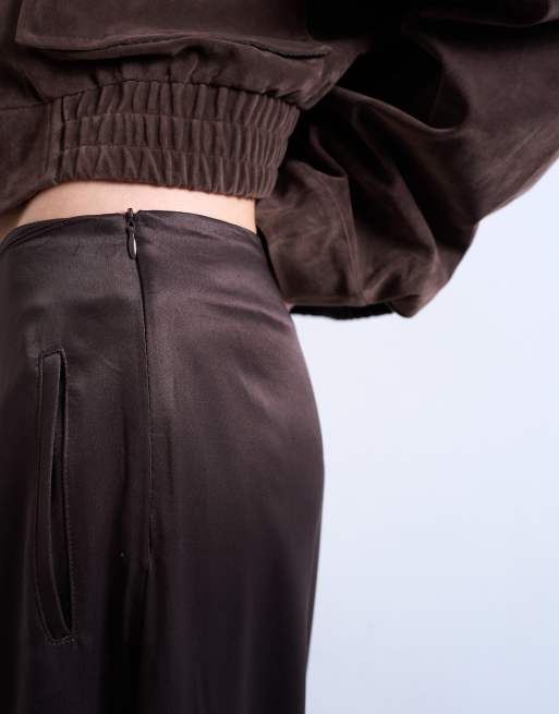 Topshop high waisted satin cuffed balloon pant in brown