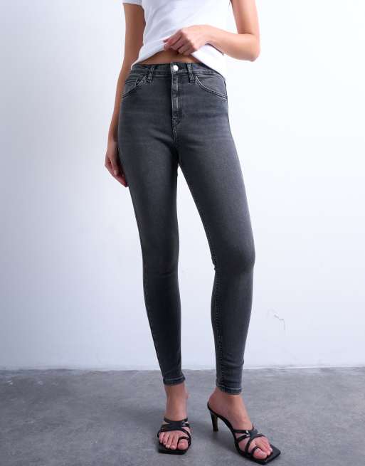 Topshop high rise skinny jean in washed black, 4 of 5