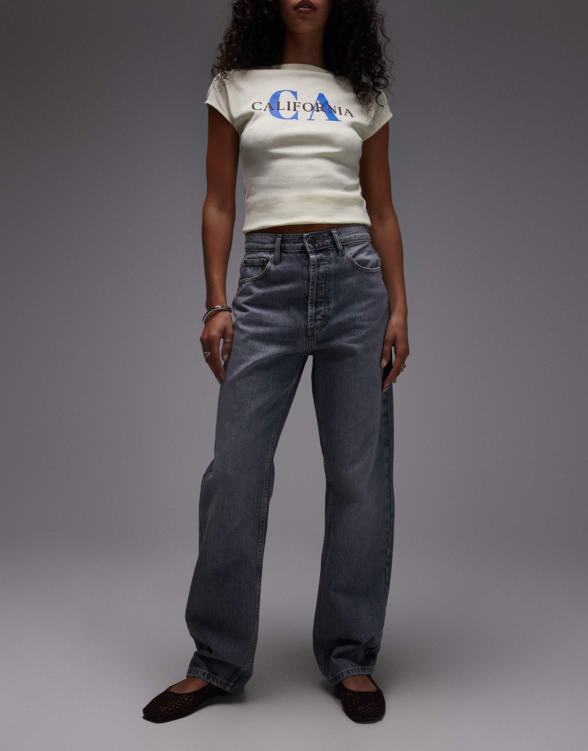 topshop high rise straight kort jeans in gray