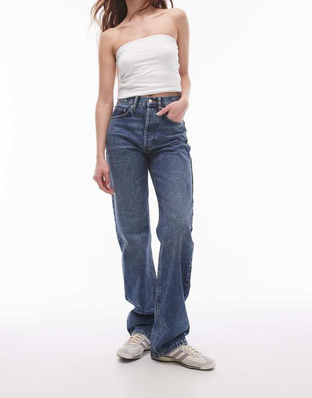 Topshop - high rise straight kort jeans in mid blue