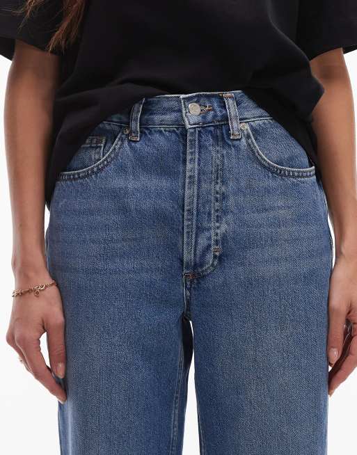 TopShop Medium Wash authentic Blue High Rise Straight Leg Cotton Pleat Dad Jeans Size 2